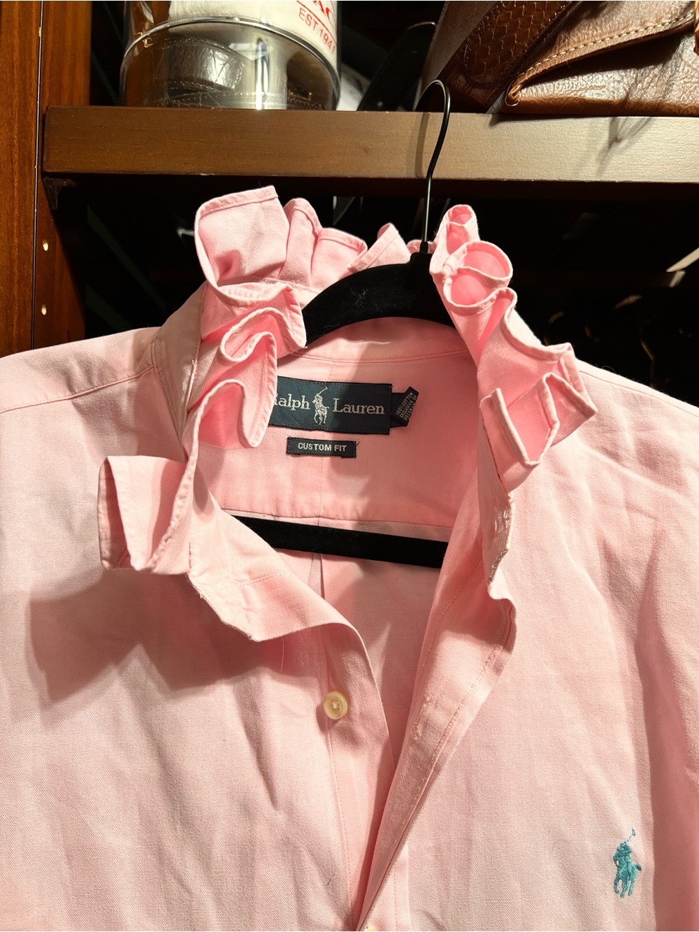Ralph Lauren Upcycle - Pink Button-Up Ruffle Neck Shirt with Teal Logo - Picture 3 of 4